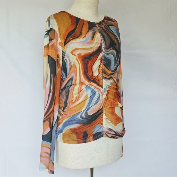 Bailey 44 Vanity Swirl Print Round Neck Mesh Overlay Ruched Center Multi L NWT - Picture 7 of 14